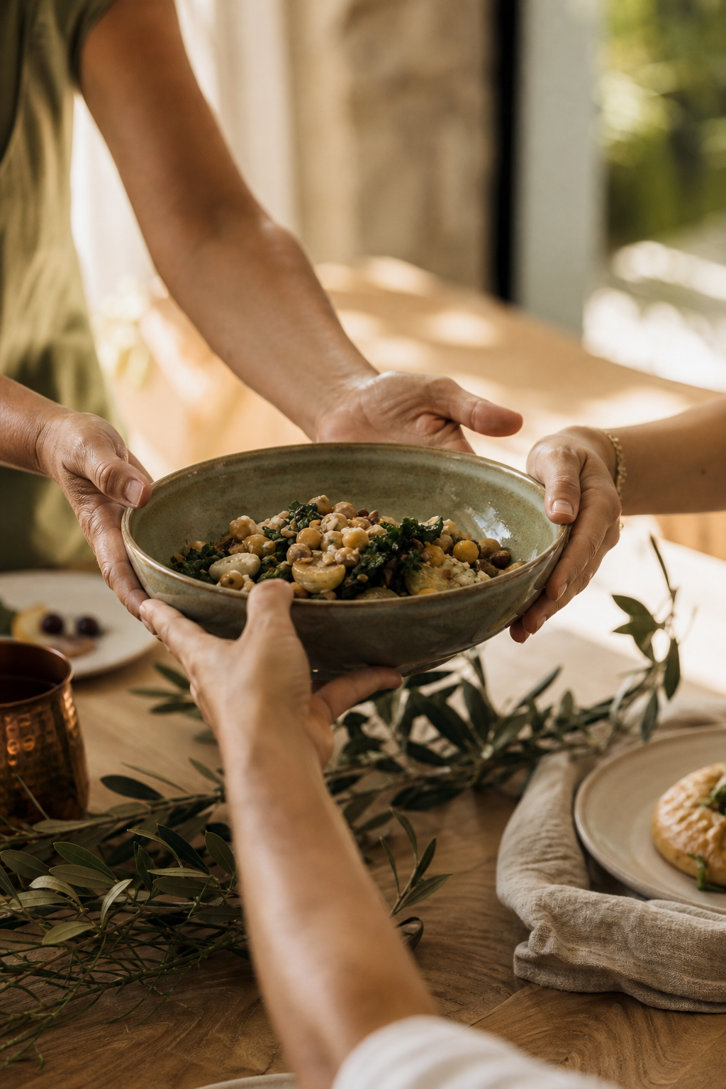 Family hands sharing a nourishing meal at the table